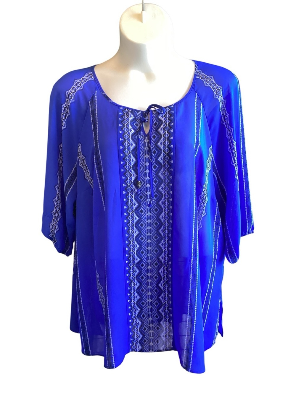 Catherines Plus Size 22/24 2X Blue Printed Tie-Neck Peasant Tunic - Picture 4 of 7
